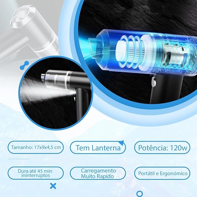 Aspirador de Pó Portátil Recarregável Automotivo - Sucção Poderosa e Compacto